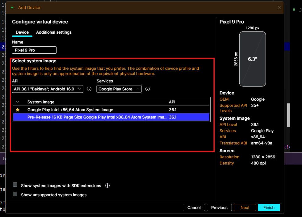 Choose Phone and Hardware Profile